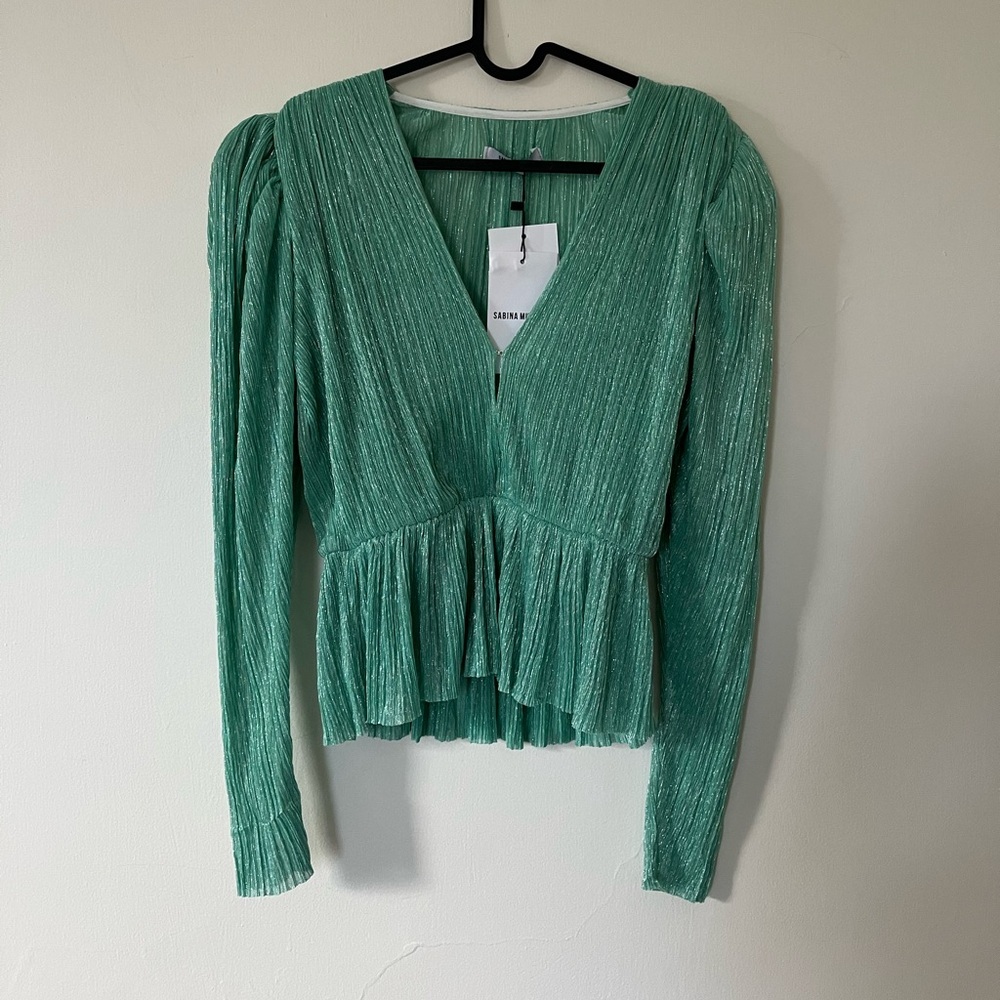 Sabina Musayev Mint Green Pleated V-Neck Peplum Blouse